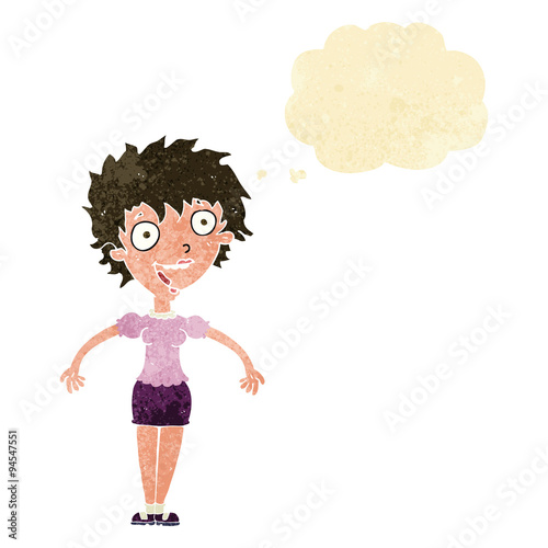 cartoon excited woman with thought bubble
