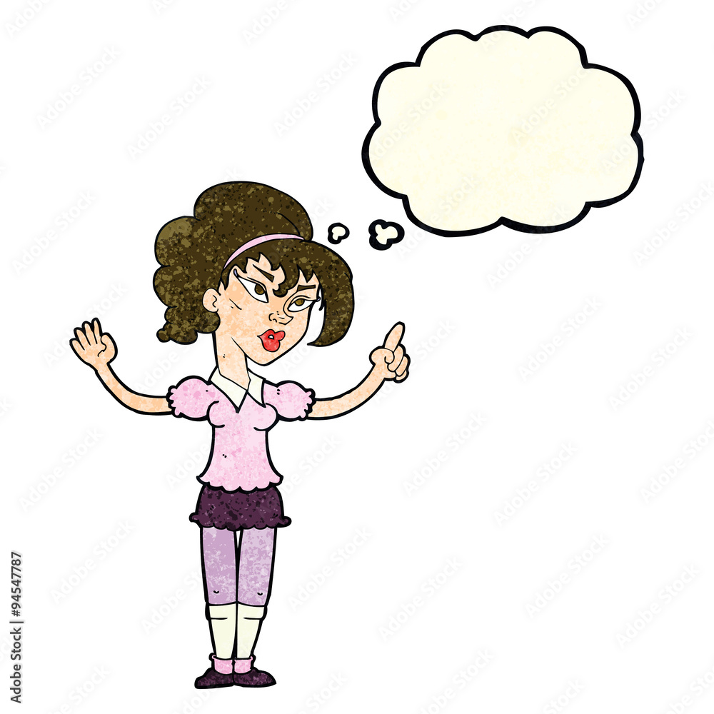 cartoon woman with idea with thought bubble cartoon woman with idea with thought bubble