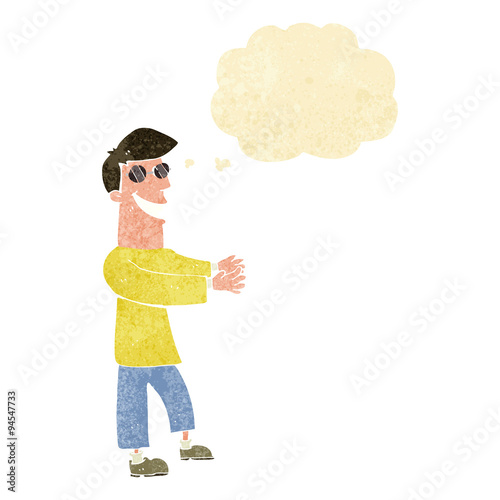 cartoon grinning man wearing glasses with thought bubble