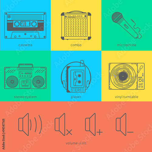 Flat line icons set of audio technic 90's. Modern design style vector illustration concept.