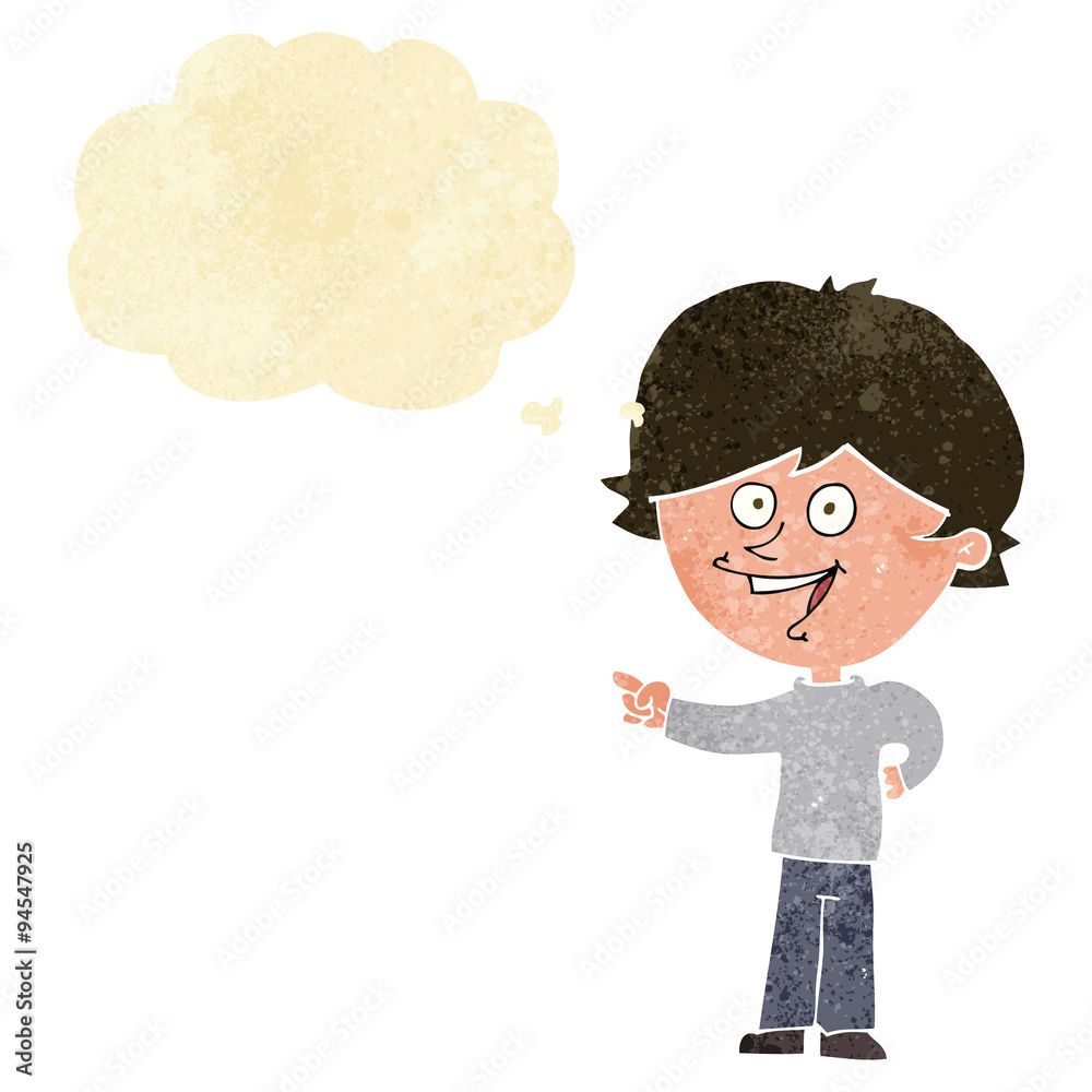cartoon boy laughing and pointing with thought bubble cartoon boy laughing and pointing with thought bubble