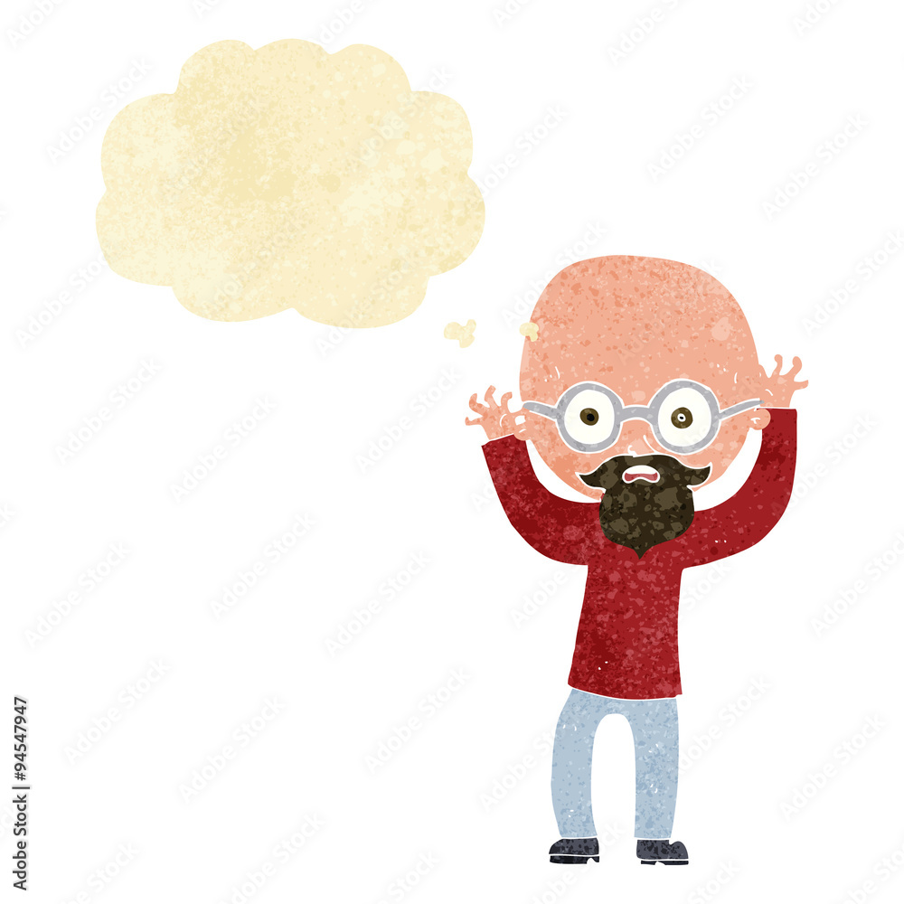 cartoon stressed bald man with thought bubble