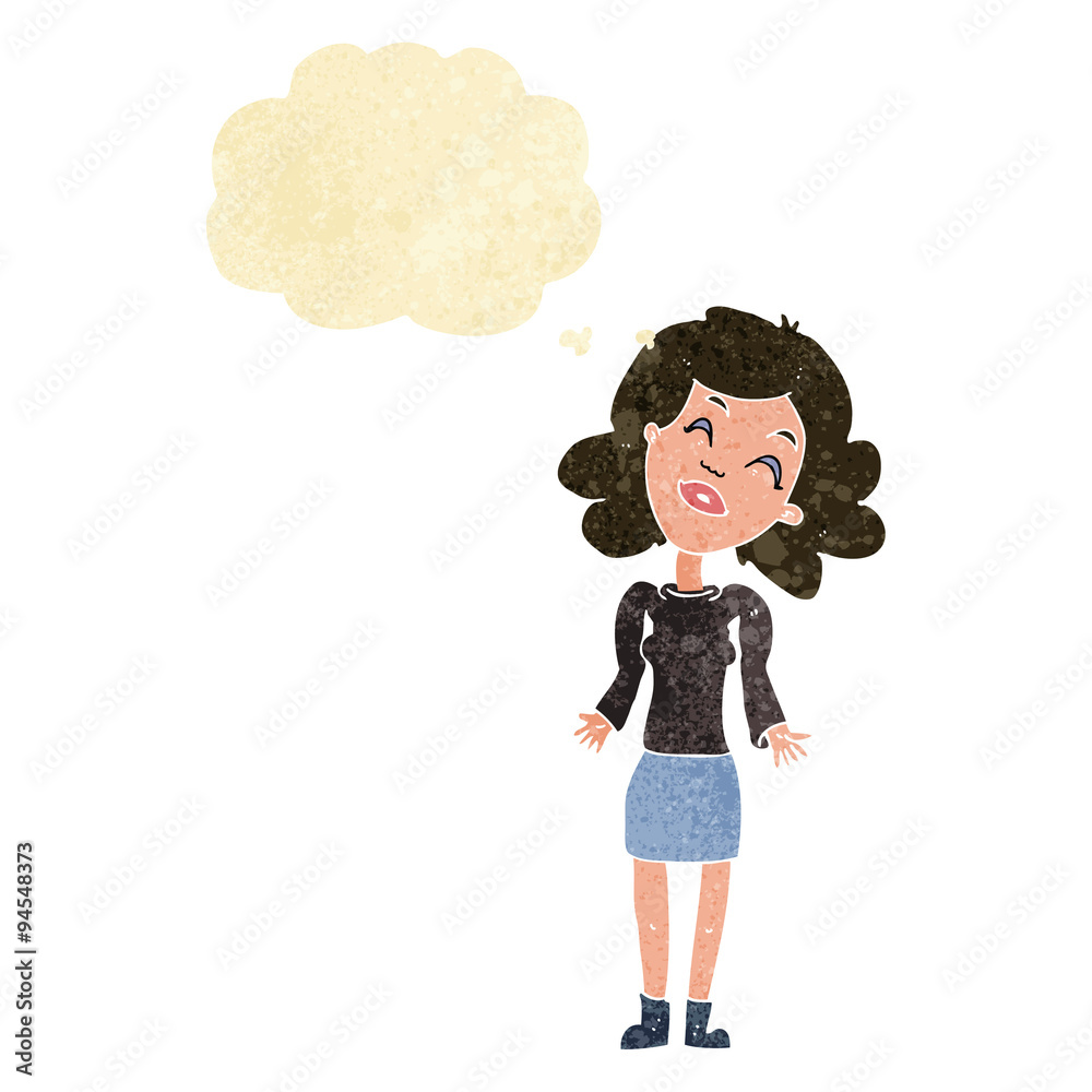cartoon woman shrugging shoulders with thought bubble cartoon woman shrugging shoulders with thought bubble