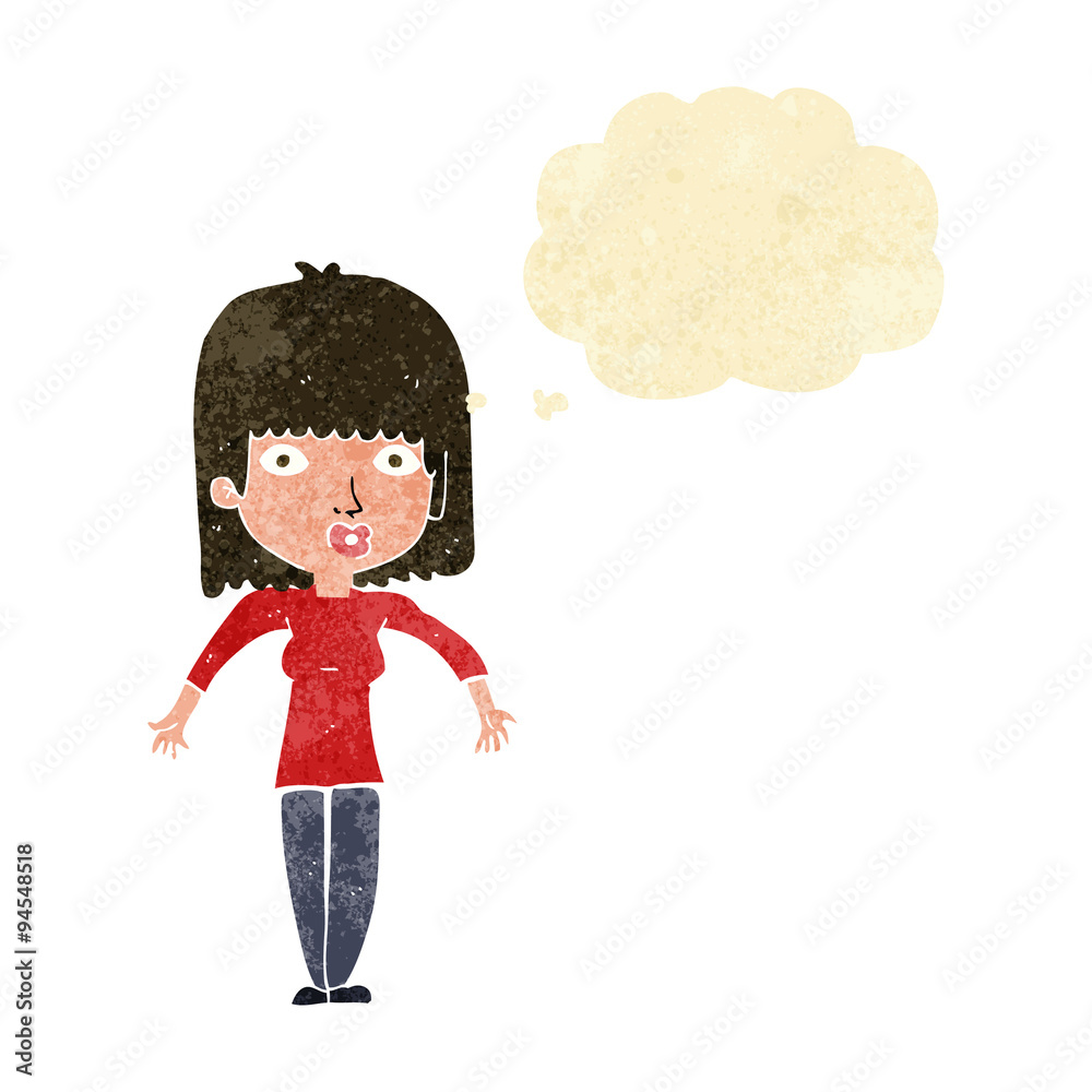 cartoon woman shrugging with thought bubble cartoon woman shrugging with thought bubble