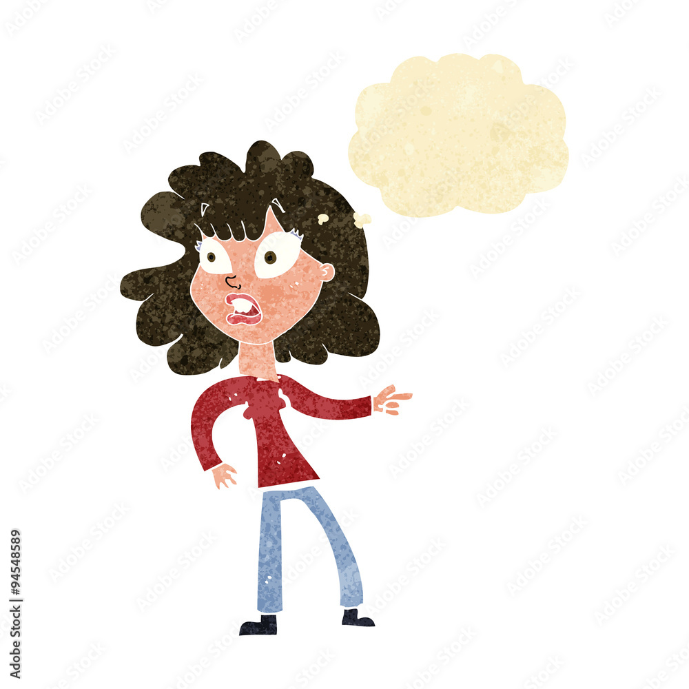 cartoon worried woman pointing with thought bubble cartoon worried woman pointing with thought bubble