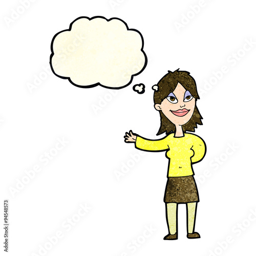 cartoon woman gesturing to show something with thought bubble