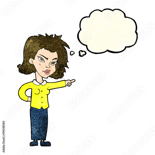 cartoon woman pointing with thought bubble