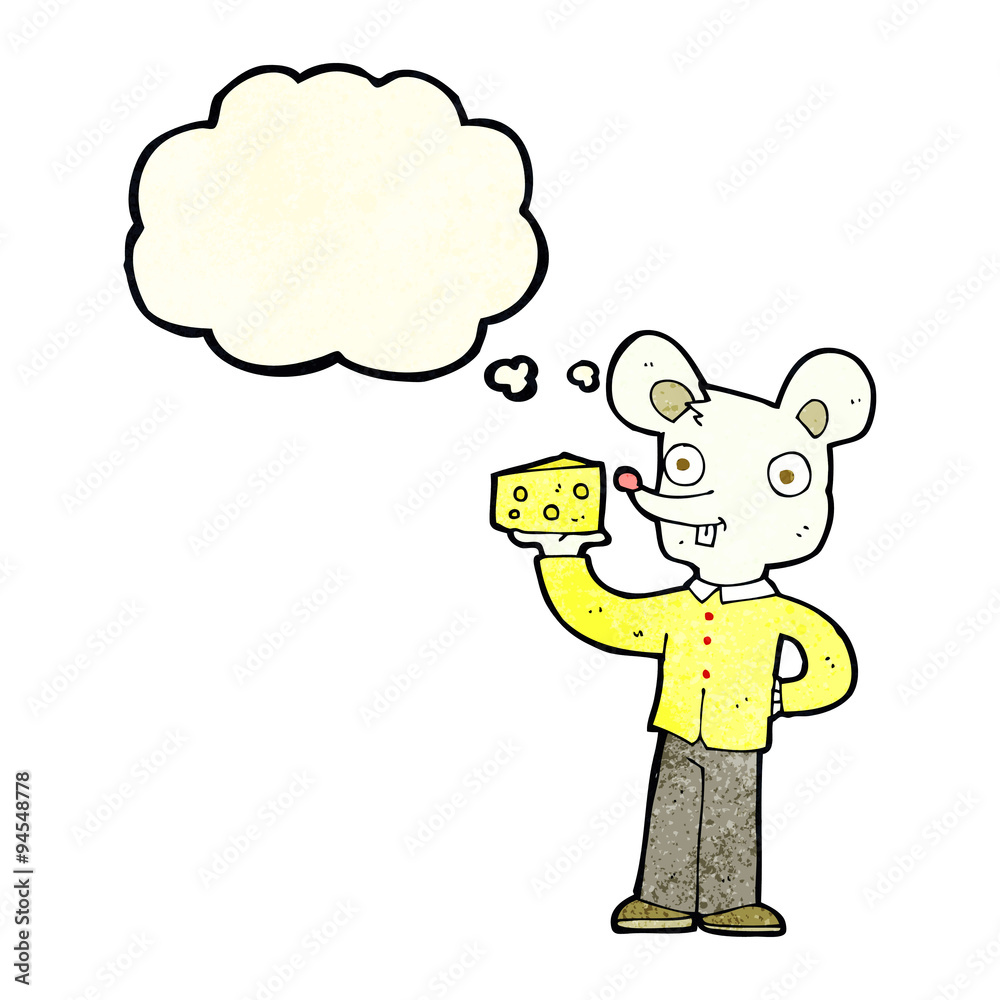 cartoon mouse holding cheese with thought bubble