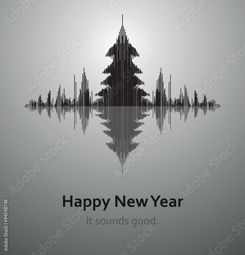 Vector Sound of New Year. Image of a sound wave in the form of a black Christmas tree and Christmas forest with reflection on gray background. The theme of the New Year and Christmas.