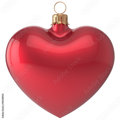 Christmas ball heart New Year's Eve bauble love decoration red blank adornment. Merry Xmas traditional wintertime holidays ornament romantic. 3d render isolated on white background