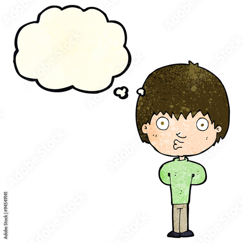 cartoon whistling boy with thought bubble