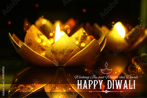 Sticker Golden lotus shaped diya on abstract Diwali background