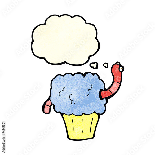 cartoon worm in cupcake with thought bubble