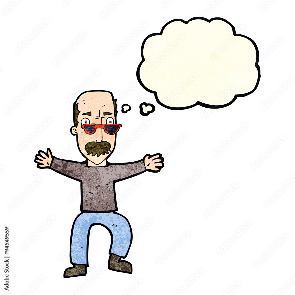 cartoon old man waving arms with thought bubble