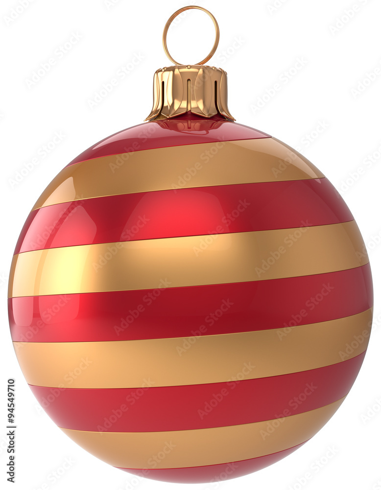 Christmas ball New Year's Eve bauble golden red decoration hanging sphere adornment modern. Traditional happy wintertime holidays ornament Merry Xmas symbol blank striped. 3d render isolated Christmas ball New Year's Eve bauble golden red decoration hanging sphere adornment modern. Traditional happy wintertime holidays ornament Merry Xmas symbol blank striped. 3d render isolated