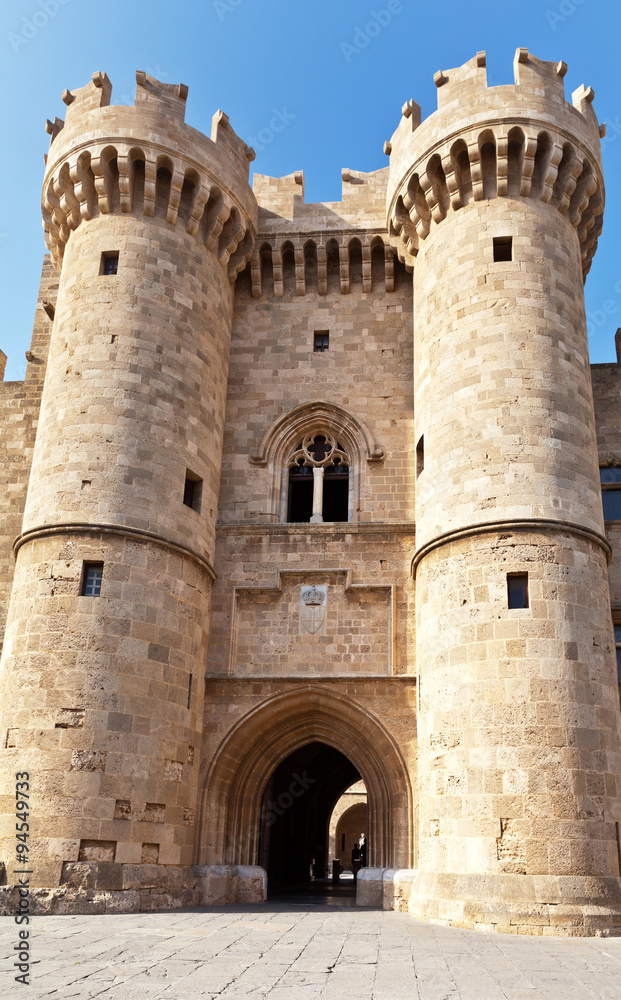 Greece. The Medieval Old Town of Rhodes. The majestic towers of the main entrance of the Palace of Grand Masters