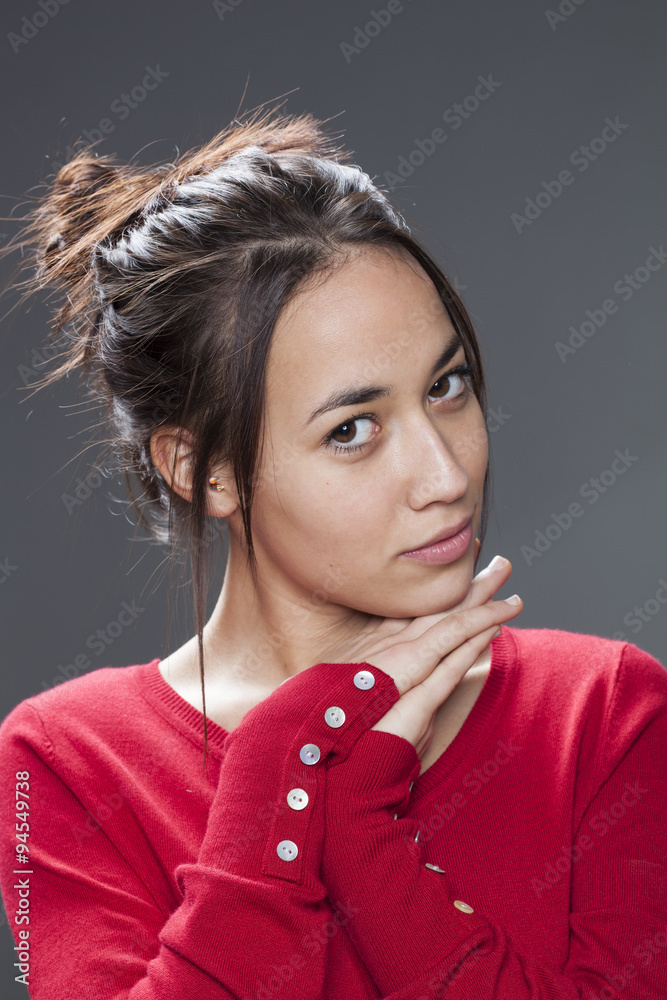 Seduction Concept Portrait Of Sexy Mixed Race Girl Staring Protecting Herself With Hands To
