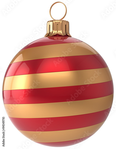 Christmas ball New Year's Eve bauble golden red decoration hanging sphere adornment modern. Traditional happy wintertime holidays ornament Merry Xmas symbol blank striped. 3d render isolated