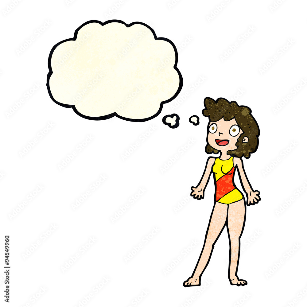 Fototapeta cartoon woman in swimming costume with thought bubble
