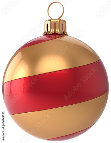 Christmas ball decoration New Year's Eve bauble golden red hanging sphere adornment modern. Traditional happy wintertime holidays ornament Merry Xmas symbol blank striped. 3d render isolated