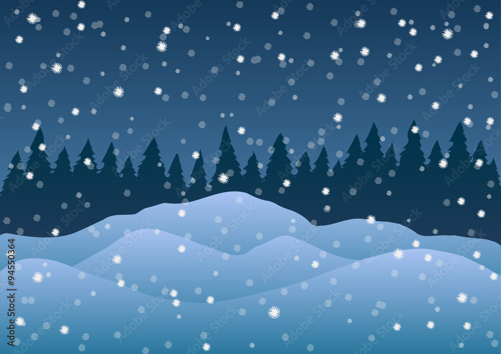 Vector illustration. Snowdrifts on the background of trees and falling snow.