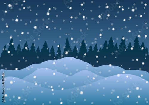 Vector illustration. Snowdrifts on the background of trees and falling snow. © evgenii141