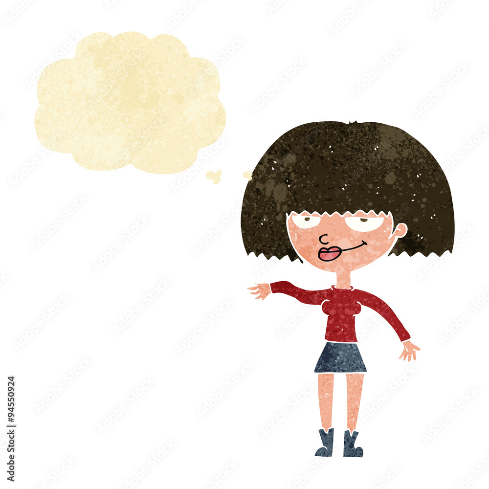 cartoon smug woman making dismissive gesture with thought bubble
