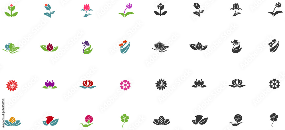 Silhouette fantasy logo flower lotus rose tulip sunflower daisy clover icon set, create by vector Silhouette fantasy logo flower lotus rose tulip sunflower daisy clover icon set, create by vector