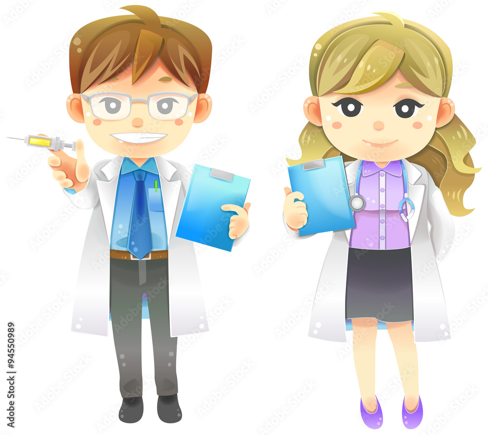 Cartoon male and female physician doctor in uniform injection syringe, stethoscope, and patient information board, create by vector Cartoon male and female physician doctor in uniform injection syringe, stethoscope, and patient information board, create by vector