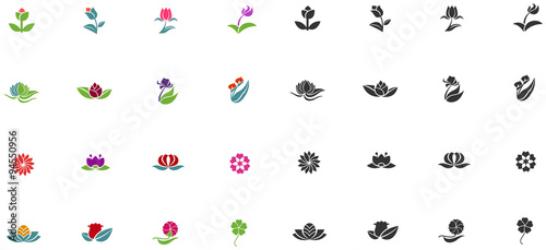 Silhouette fantasy logo flower lotus rose tulip sunflower daisy clover icon set, create by vector 