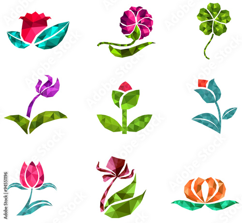 3D polygon jewelry flower flora lotus daisy tulip rose clover icon gem set design, create by vector 