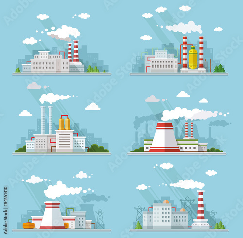 Industrial landscape set. The nuclear power plant and factory on