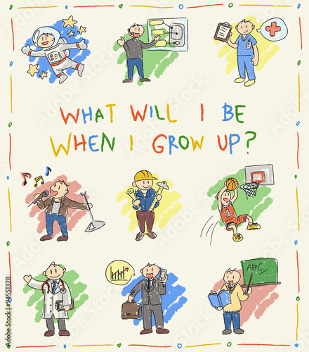 Kindergarten children doodle drawing cartoon job professions such as astronaut businessman doctor sportsman programmer engineer architect teacher icon set