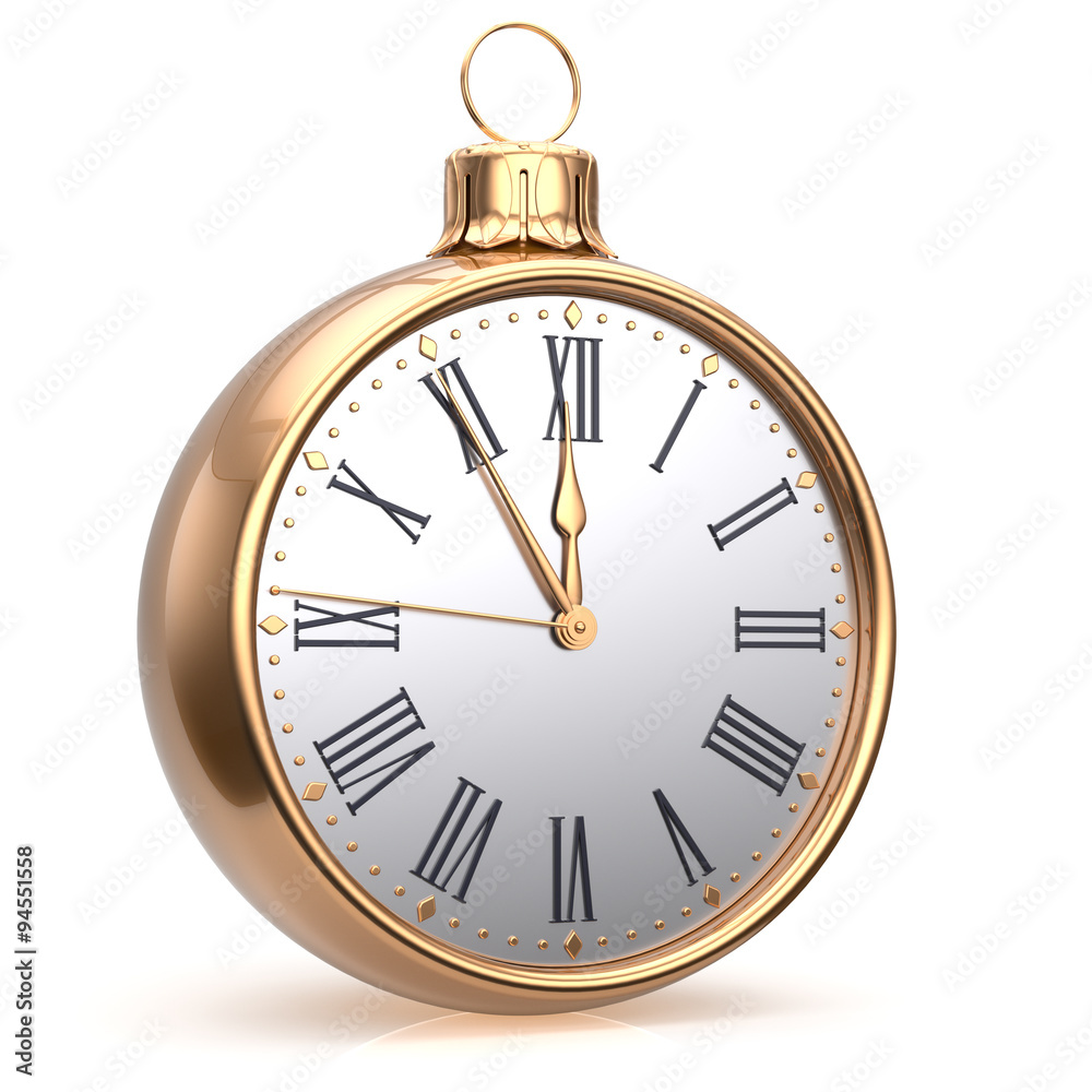 New Year's Eve clock midnight countdown Christmas ball decoration bauble ornament golden sparkly. Traditional wintertime happy holidays beginning time future hour symbol adornment. 3d render isolated New Year's Eve clock midnight countdown Christmas ball decoration bauble ornament golden sparkly. Traditional wintertime happy holidays beginning time future hour symbol adornment. 3d render isolated