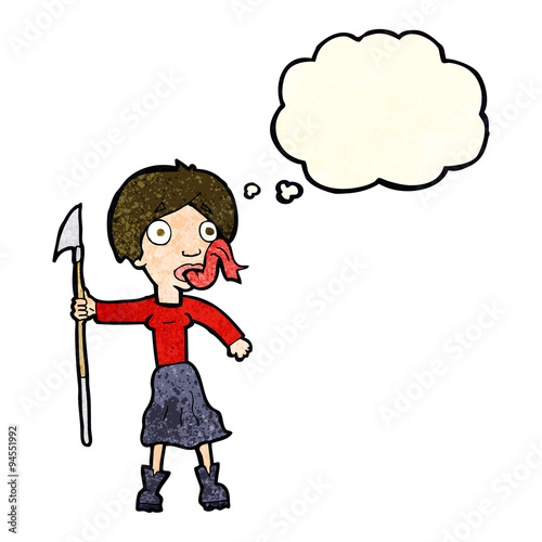 cartoon woman with spear sticking out tongue with thought bubble