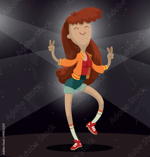 Vector girl with brown hair in a nightclub. Cartoon image of a girl with brown hair in a red top, green shorts and an orange jacket dancing in a nightclub  on a dark background. 