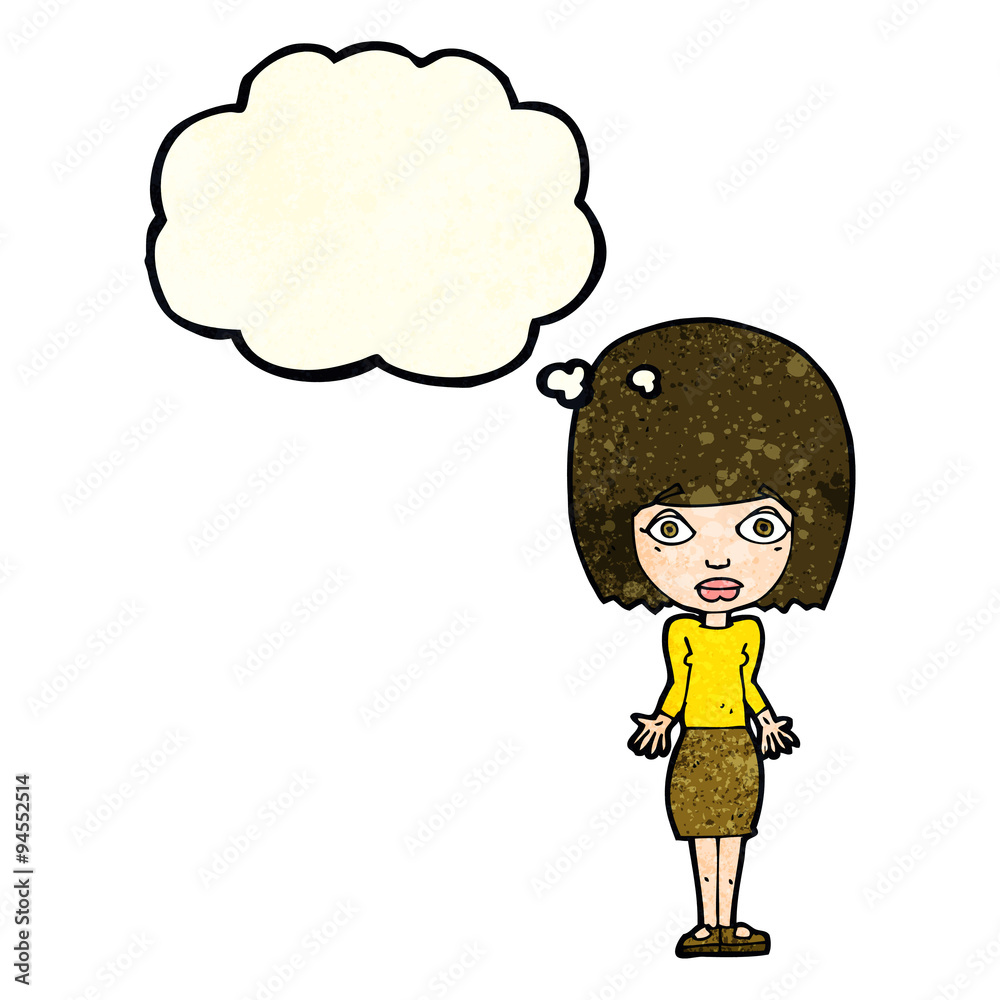 cartoon woman shrugging shoulders with thought bubble cartoon woman shrugging shoulders with thought bubble