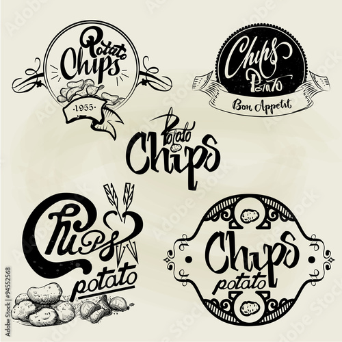 Vector set of potato chips labels, design elements. Isolated logo illustration in vintage style