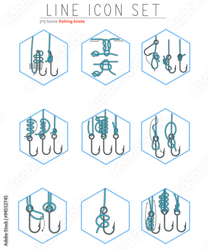 Vector set of fishing hooks line icons with different knots. Fisherman symbols
