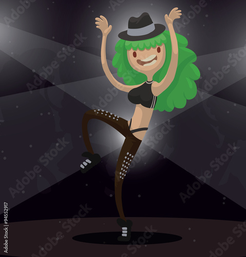 Vector girl with green hair in a nightclub. Cartoon image of a girl with green hair in a black top, brown pants and a black hat dancing in a nightclub  on a dark background. 