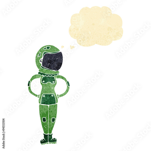 cartoon female astronaut with thought bubble