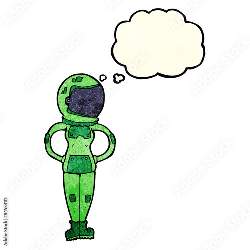 cartoon female astronaut with thought bubble