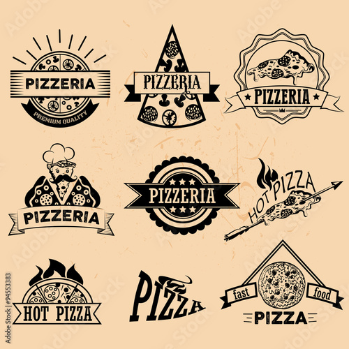 Set of Pizza Labels in vintage style. Icons, badges, emblems and design elements for pizzeria restaurant