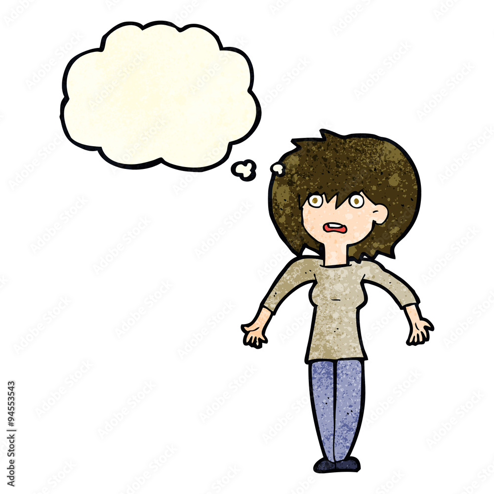 cartoon woman shrugging shoulders with thought bubble cartoon woman shrugging shoulders with thought bubble