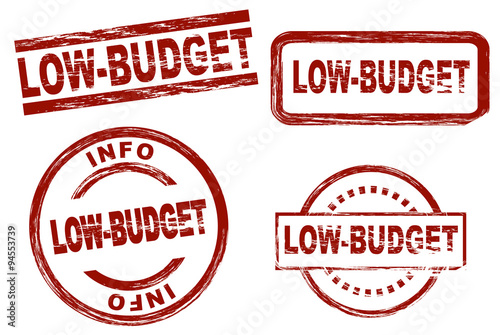 Set of stylized stamps showing the term low-budget. All on white background.
