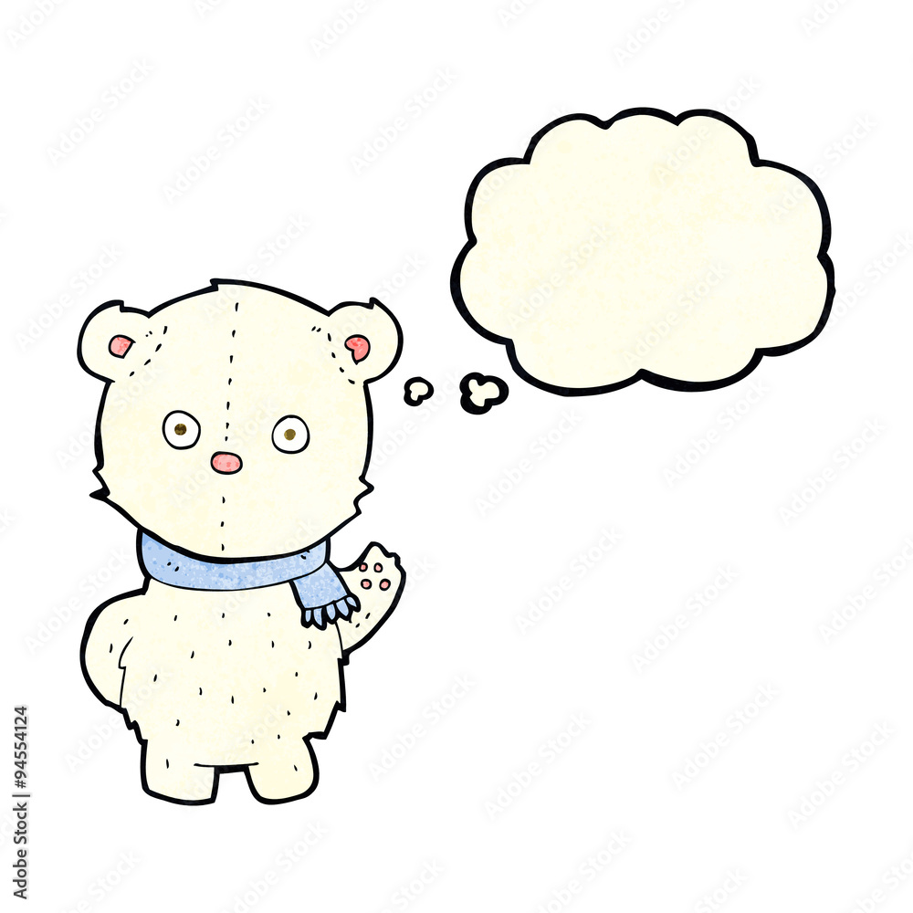 cartoon waving polar bear cub with thought bubble