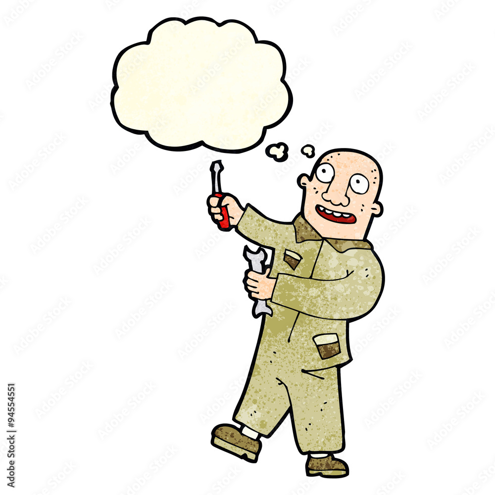 cartoon mechanic with thought bubble cartoon mechanic with thought bubble