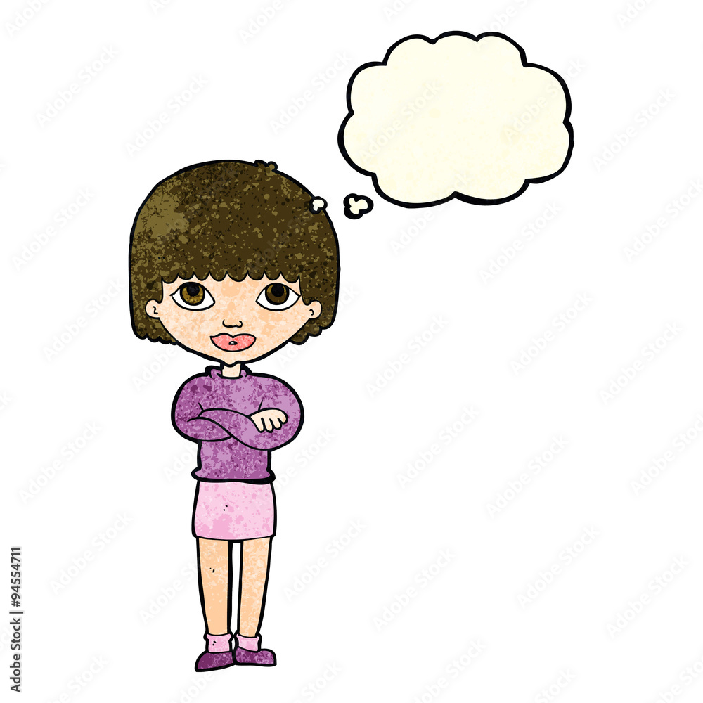 cartoon woman with folded arms with thought bubble cartoon woman with folded arms with thought bubble