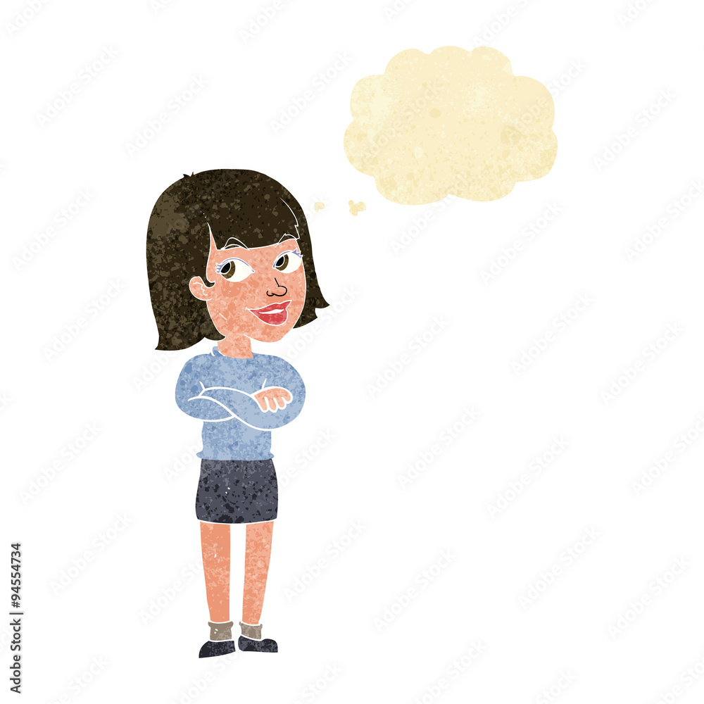 cartoon happy woman looking over with thought bubble cartoon happy woman looking over with thought bubble