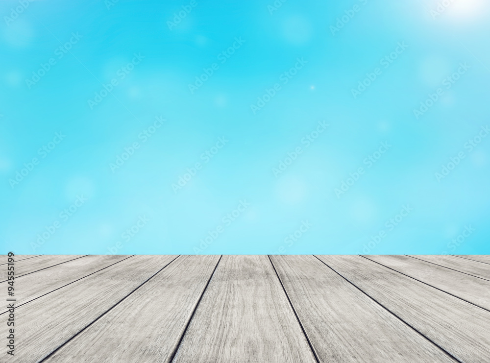 Bright winter season background and perspective wooden plank